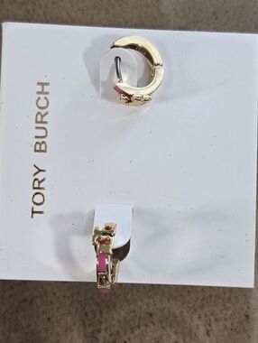 Tory Burch Gold Hoop Earrings with Pink Enamel Inlay